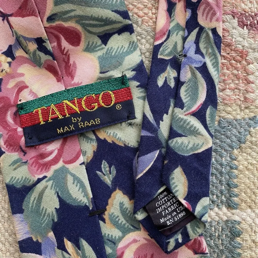 Vintage 90s Cotton Floral Tie Tango Max Raab Navy Blue Woven Made in USA Dark